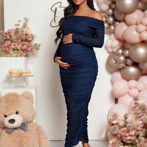 Maternity Navy Ruched Off-Shoulder Bodycon Dress